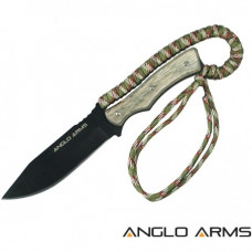 9 inch Aztec Fixed Black Blade Knive with wooden handle, wrapped with desert camo paracord